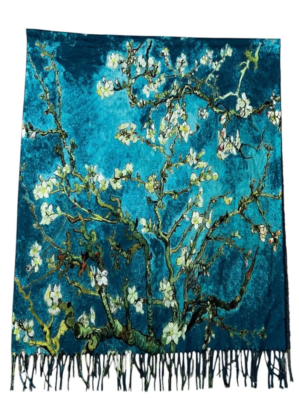 Van Gogh Almond Blossom Art Shawl Wrap Fringe Scarf Blue Floral Wool Blend